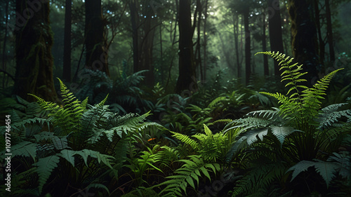 Mystic Rainforest with Ferns and Sunlight. Concept of nature, tranquility, and wilderness.