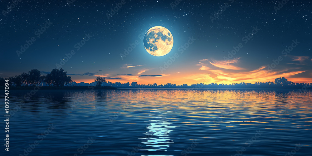 Reflections of moonlight in a lake, with gentle ripples in deep blue. Reflections of moonlight in a lake, with gentle ripples in deep blue.