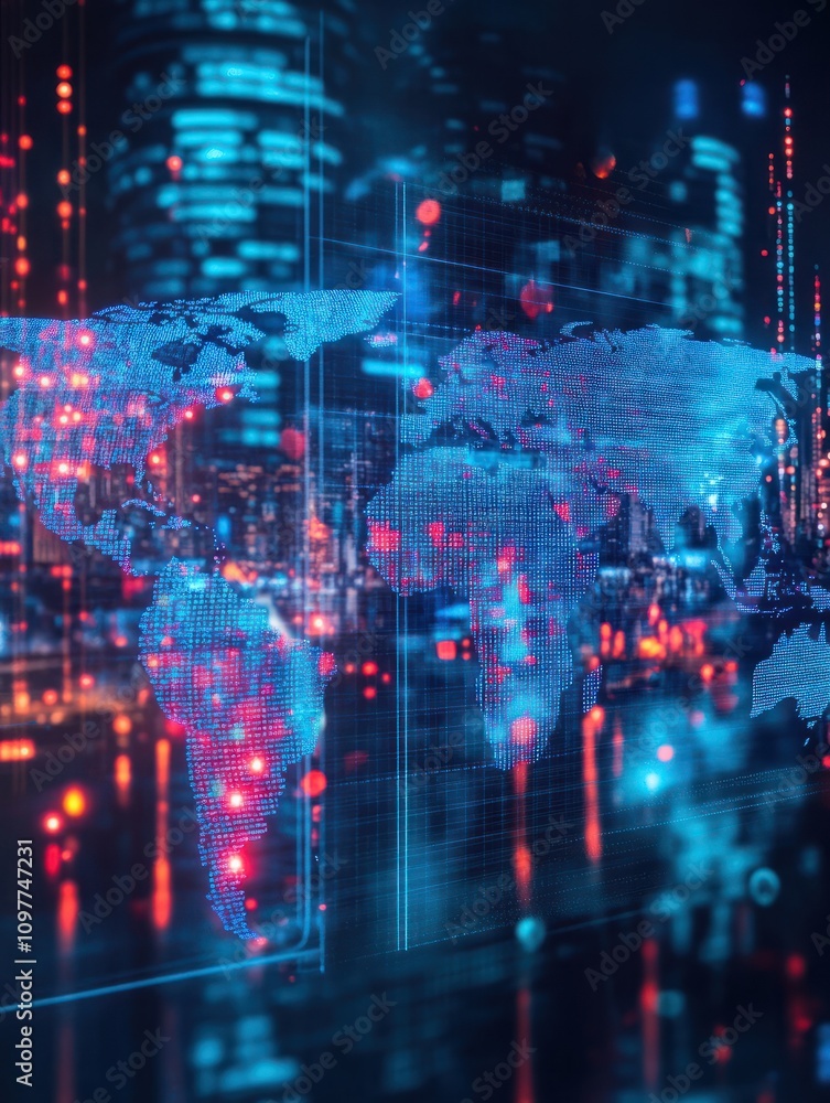 Glowing digital map hologram on blurry blue city wallpaper. Worldwide technology and network concept. Double exposure Glowing digital map hologram on blurry blue city wallpaper. Worldwide technology and network concept. Double exposure
