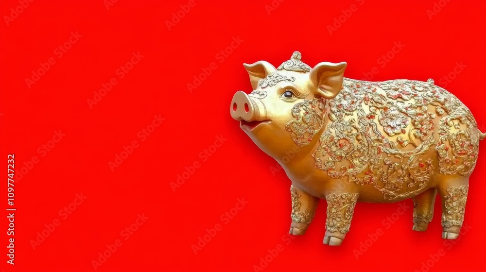 Obraz premium golden pig, solid red background, copy space