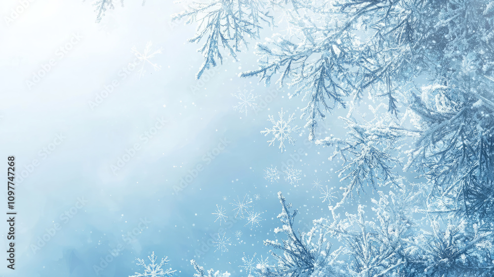 winter background with snowflakes and snowy tree, New Year design winter background with snowflakes and snowy tree, New Year design