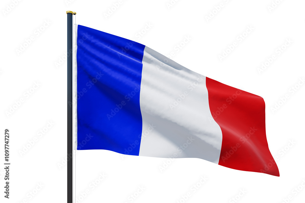 French flag waving on a pole, isolated with a clean white background, vibrant and detailed. Concept of patriotism, national identity. 3D Rendering. French flag waving on a pole, isolated with a clean white background, vibrant and detailed. Concept of patriotism, national identity. 3D Rendering.