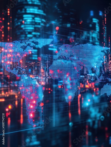 Wallpaper Mural Glowing digital map hologram on blurry blue city wallpaper. Worldwide technology and network concept. Double exposure Torontodigital.ca