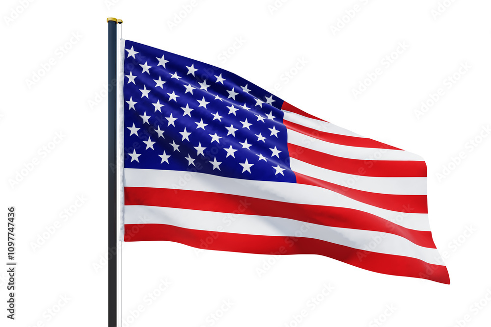 United States flag with stars and stripes, waving on a flagpole, isolated on a clean white background, symbolizing patriotism and freedom. 3D Rendering. United States flag with stars and stripes, waving on a flagpole, isolated on a clean white background, symbolizing patriotism and freedom. 3D Rendering.