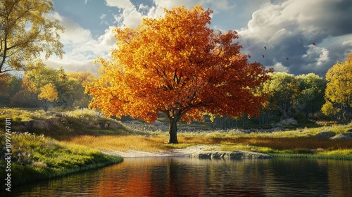 A vibrant orange tree stands beside a serene pond, reflecting autumn colors under a bright, cloudy sky. photo