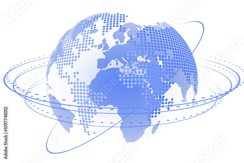 Abstract globe illustration with blue dotted continents and orbit-like circular lines on a white background, concept of digital connectivity. 3D Rendering.