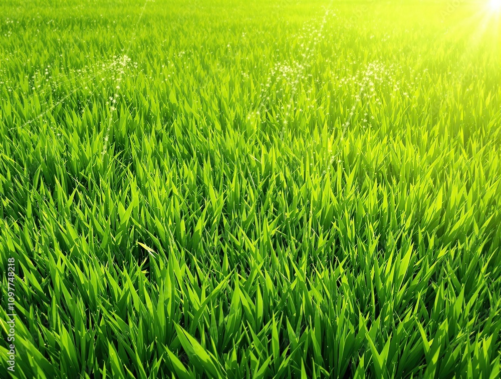 Obraz premium A beautiful green lawn with a few sprinklers watering the grass, sprinkler system, green lawn