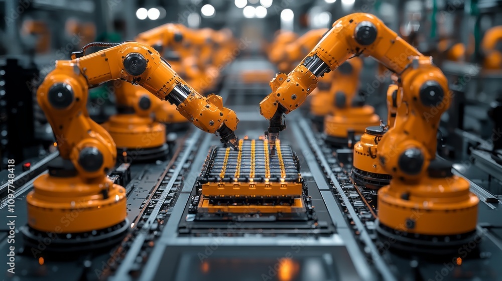 A factory with robots working on a conveyor belt A factory with robots working on a conveyor belt