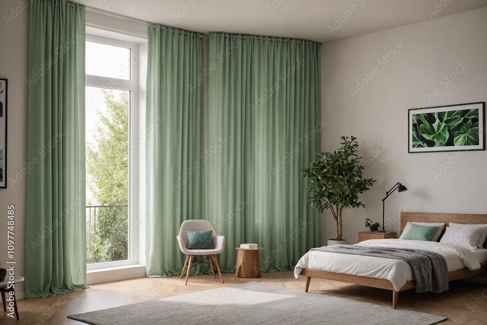 Fototapeta premium Orange curtains with pattern prints on windows in stylish modern living room. Сlassic curtains on the plastic window.