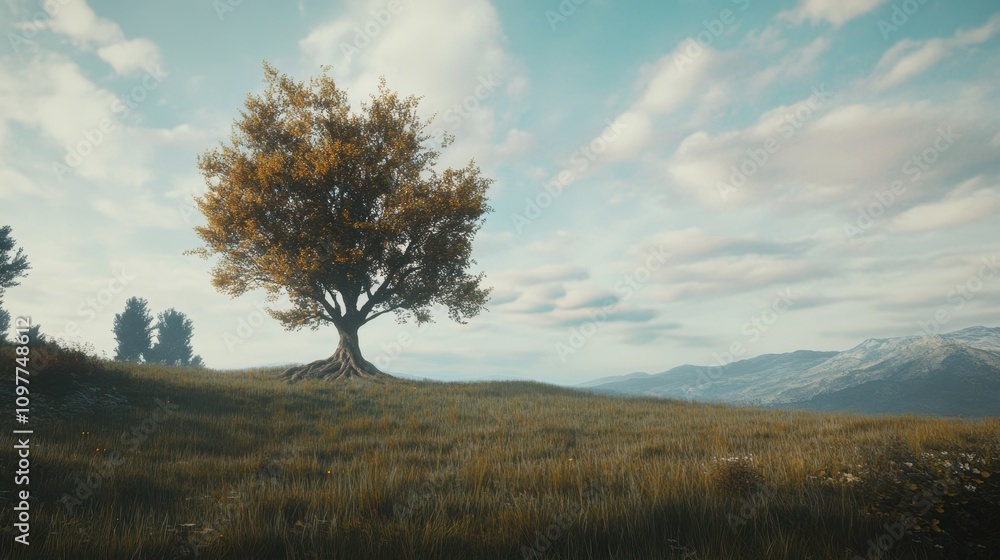 Fototapeta premium A serene landscape featuring a solitary tree under a vast sky, surrounded by rolling hills and distant mountains, evoking tranquility and natural beauty.