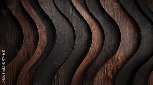 Fototapeta Naklejka Na Ścianę i Meble -  Abstract dark wood wall panel with wavy, 3D texture.
