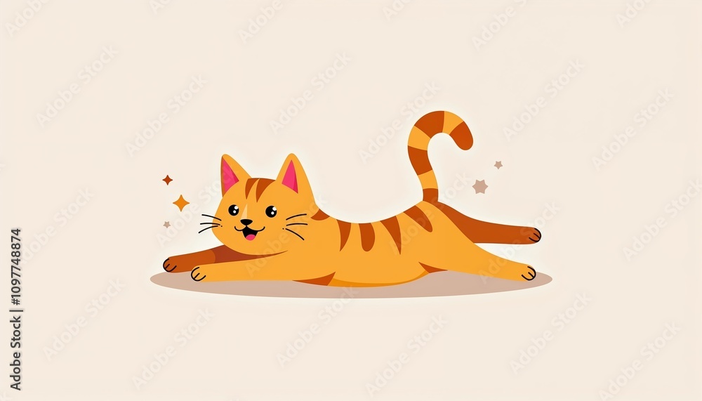 Fototapeta premium Cute cartoon orange cat stretching on beige background