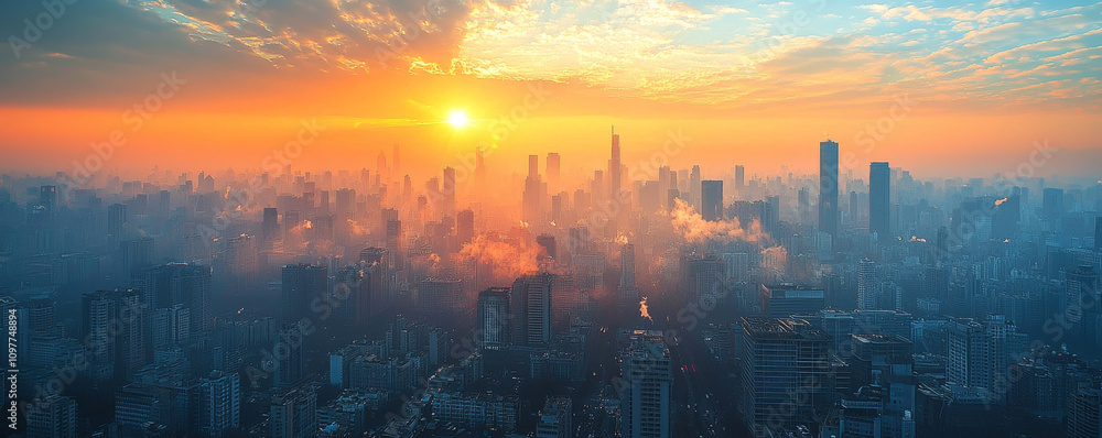 stunning city skyline at sunrise, enveloped in morning haze, showcasing towering buildings and vibrant sky. scene evokes sense of tranquility and awe stunning city skyline at sunrise, enveloped in morning haze, showcasing towering buildings and vibrant sky. scene evokes sense of tranquility and awe