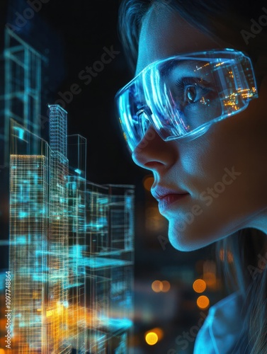 Wallpaper Mural High-tech glasses woman architect inspecting building project hologram. Close up professional architecture specialist designing new skyscraper in technological goggles. Futuristic occupation concept Torontodigital.ca