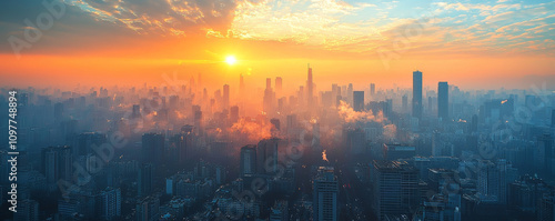 stunning city skyline at sunrise, enveloped in morning haze, showcasing towering buildings and vibrant sky. scene evokes sense of tranquility and awe