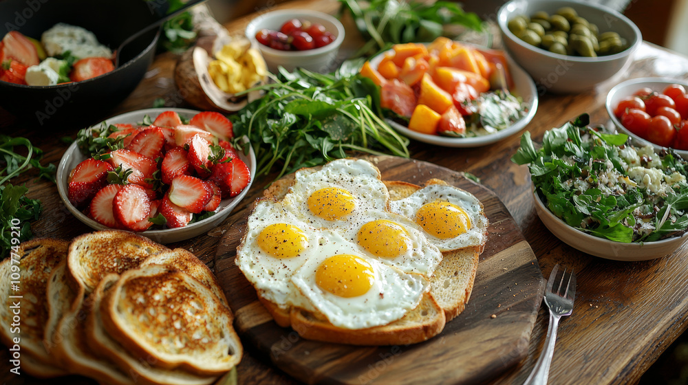 delicious breakfast spread featuring eggs, toast, and fresh fruit. Enjoy vibrant assortment of salads, tomatoes, and strawberries, perfect for healthy start to day delicious breakfast spread featuring eggs, toast, and fresh fruit. Enjoy vibrant assortment of salads, tomatoes, and strawberries, perfect for healthy start to day