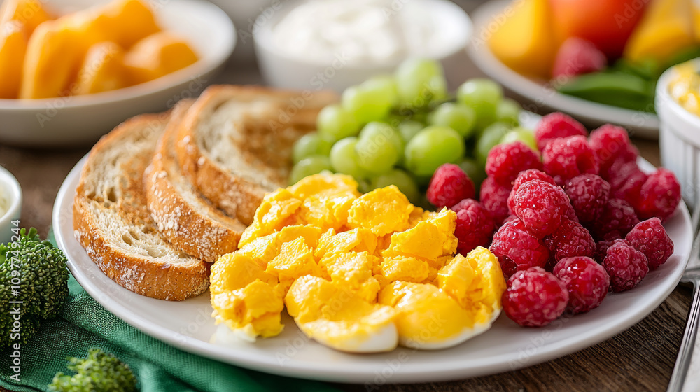 colorful breakfast spread featuring eggs, toast, and fresh fruit like grapes and raspberries, perfect for healthy start to day colorful breakfast spread featuring eggs, toast, and fresh fruit like grapes and raspberries, perfect for healthy start to day