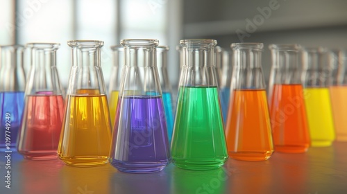 Chemist mixing colorful solutions in test tubes laboratory science experiment