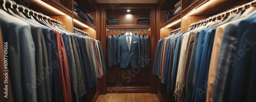 well organized closet showcasing variety of professional attire, including suits in different colors and styles, perfect for selecting ideal outfit for day photo