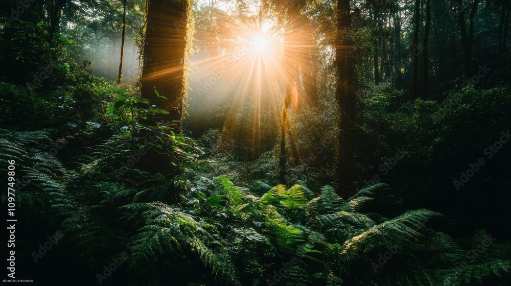 Fototapeta premium Sunbeams Illuminate Lush Green Forest Canopy