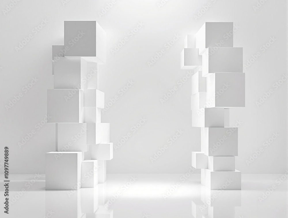 A cluster of white cube boxes positioned at different angles to create a 3D-like illusion on the flat surface, cubist layout, modern interior, plain white background A cluster of white cube boxes positioned at different angles to create a 3D-like illusion on the flat surface, cubist layout, modern interior, plain white background