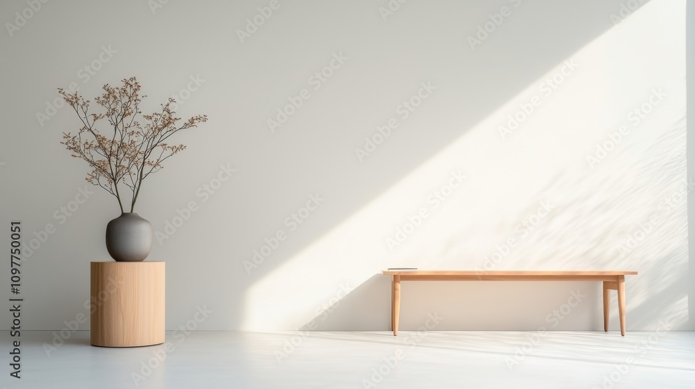 A wooden bench sits in front of a white wall A wooden bench sits in front of a white wall