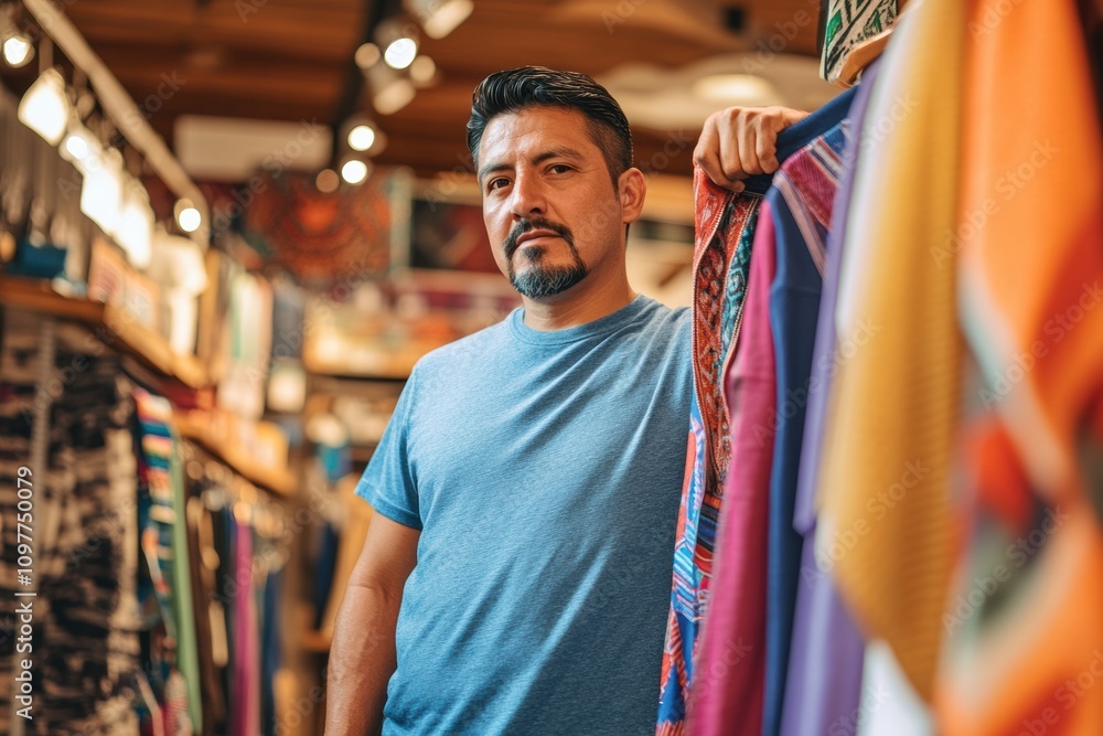 Confident man in a blue shirt surrounded by vibrant, colorful traditional Mexican textiles inside a shop with warm lighting. Confident man in a blue shirt surrounded by vibrant, colorful traditional Mexican textiles inside a shop with warm lighting.