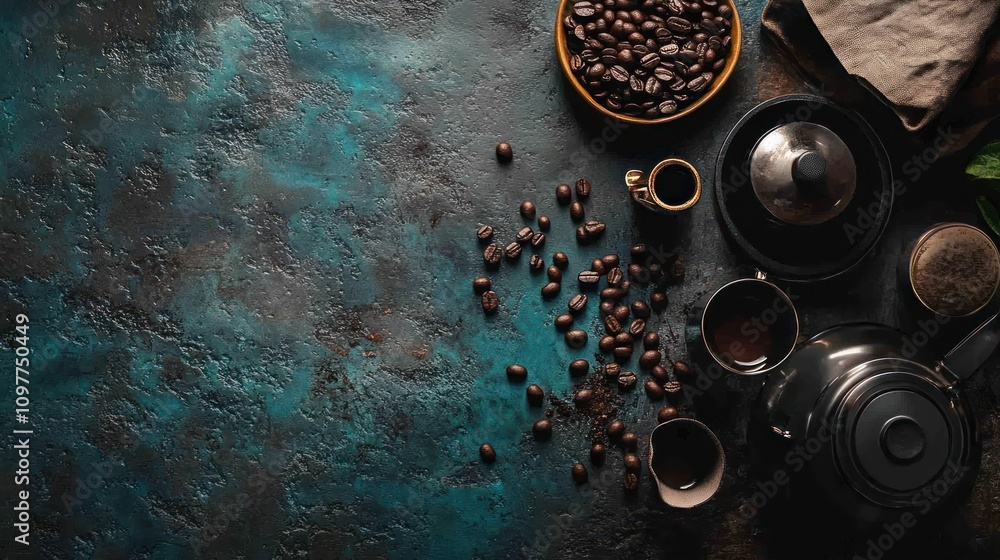 Dark Coffee Beans And Brewing Equipment On A Rustic Surface Dark Coffee Beans And Brewing Equipment On A Rustic Surface
