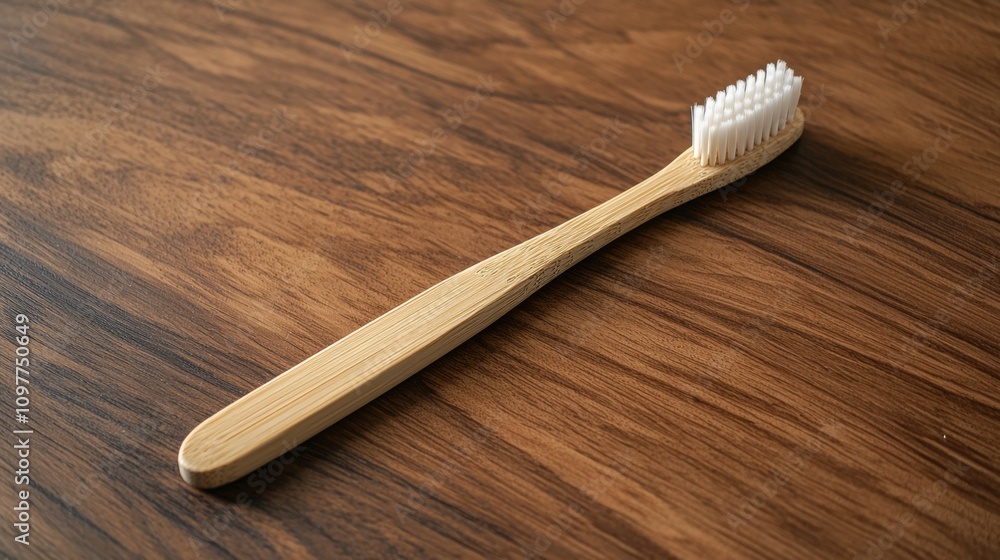 A wooden toothbrush is laying on a wooden table A wooden toothbrush is laying on a wooden table