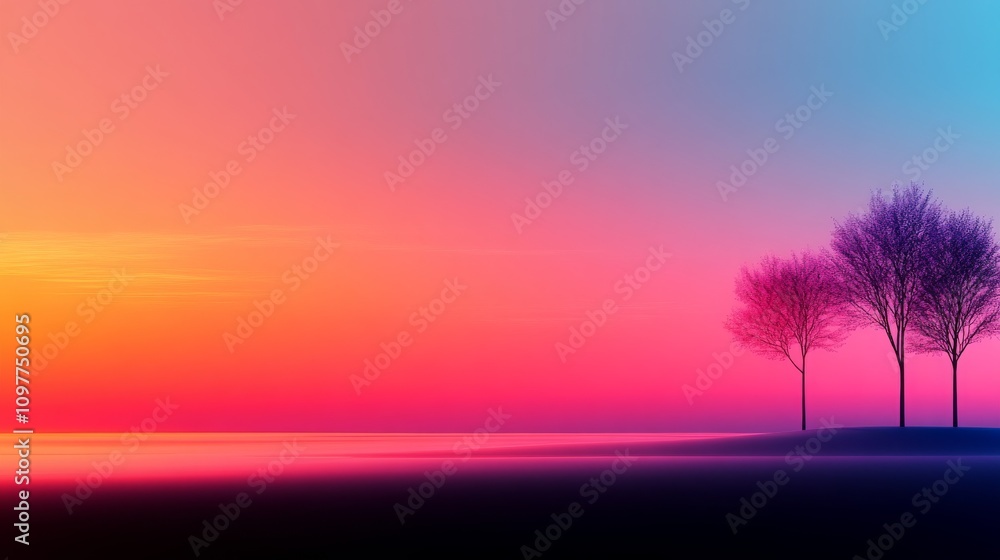 Serene Sunset Landscape Pink Purple Gradient Sky Silhouetted Trees Serene Sunset Landscape Pink Purple Gradient Sky Silhouetted Trees