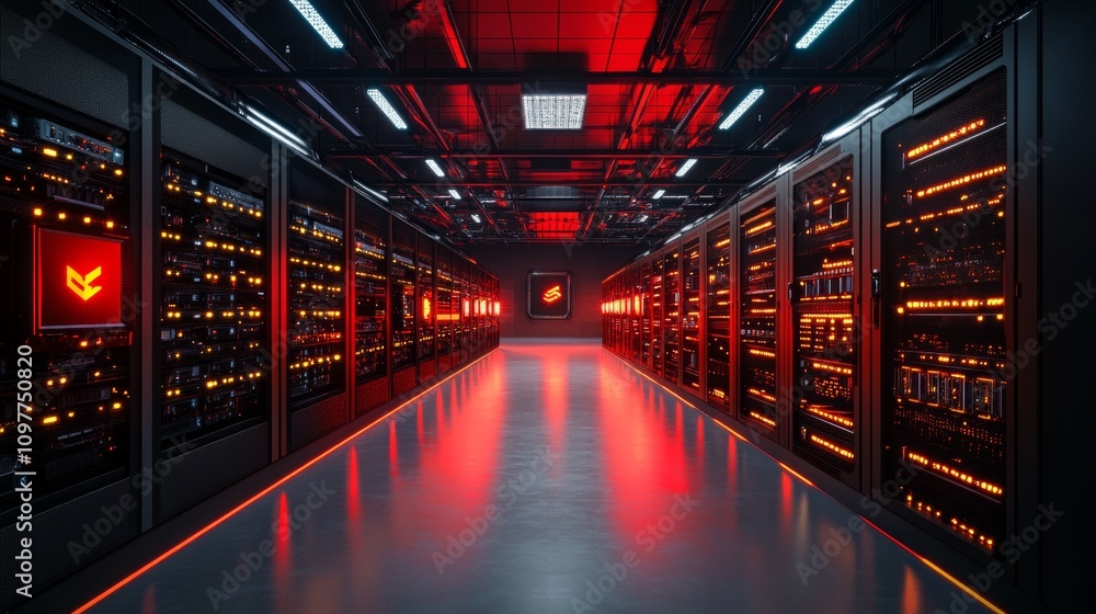 Obraz premium Red Lit Server Room Cryptocurrency Mining Data Center Technology