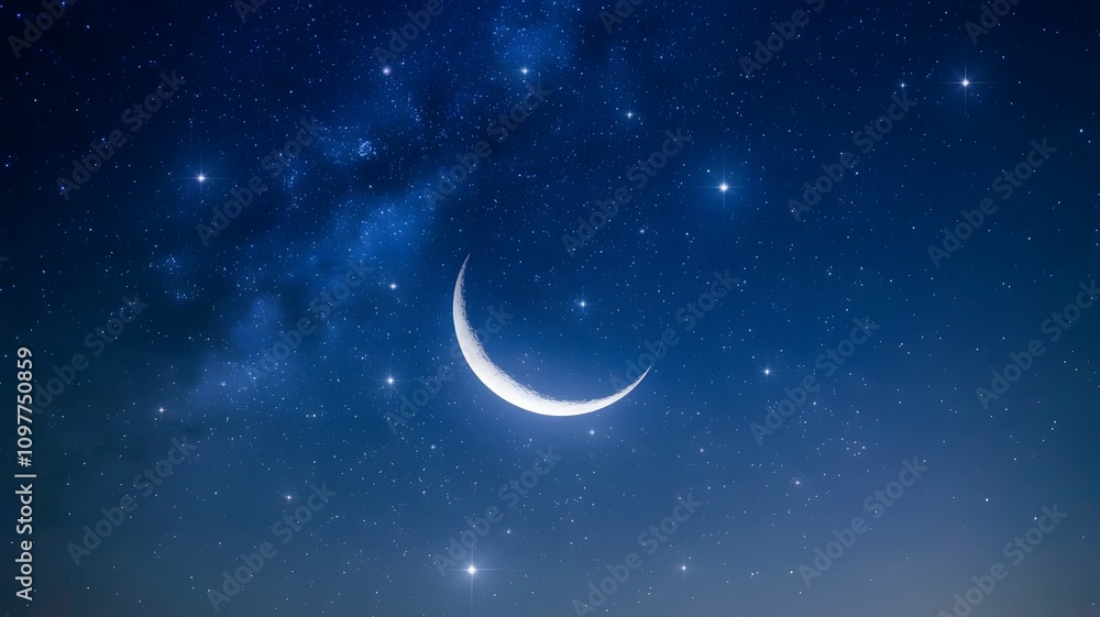 A beautiful crescent moon shines brightly in a starry night sky A beautiful crescent moon shines brightly in a starry night sky