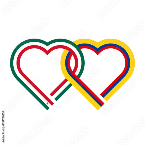 heart shaped ribbon of mexico and colombia flags intertwined. vector illustration isolated on white background