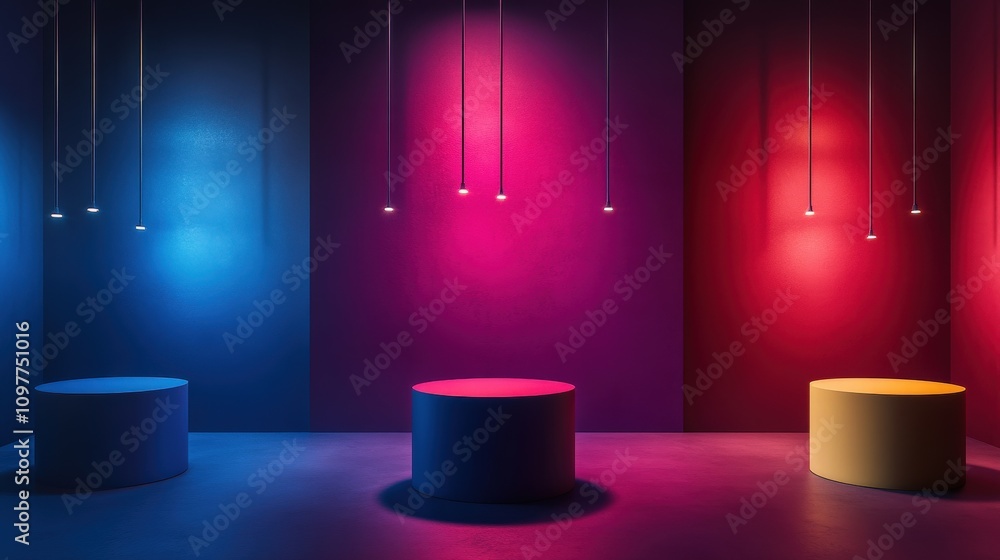 Vibrant Abstract Setting with Floating Cylinders in Yellow, Dark Blue, and Red Against a Gradient Background in a Realistic 3D Style Vibrant Abstract Setting with Floating Cylinders in Yellow, Dark Blue, and Red Against a Gradient Background in a Realistic 3D Style