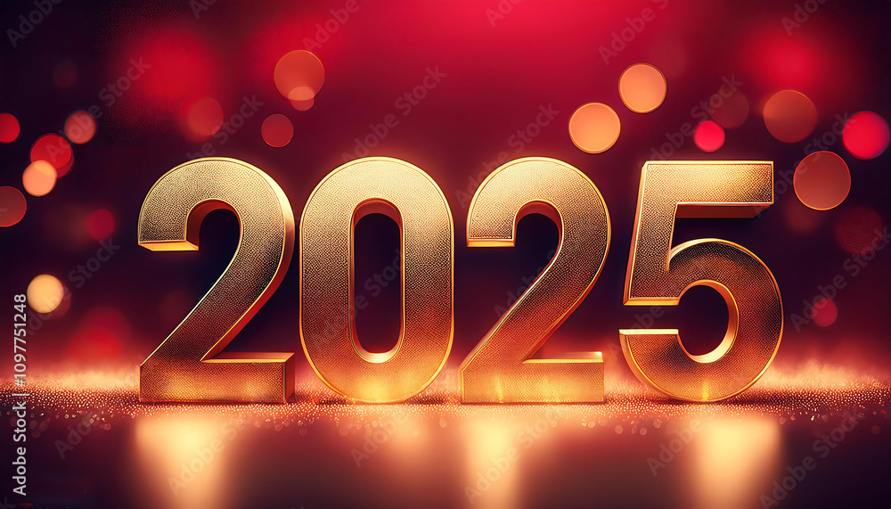 Golden 2025 Number With Red Bokeh Lights Golden 2025 Number With Red Bokeh Lights