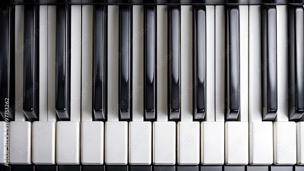 Naklejka premium Aerial Black and White Piano Keys Flat Lay - Top View of Musical Instrument, Elegant Design, Monochrome Aesthetic, Perfect for Music Enthusiasts, Art Pieces, and Creative Projects