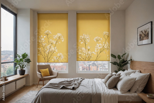 Yellow blackout roller blind with pattern prints on windows in stylish modern living room. Shutters on the plastic window.