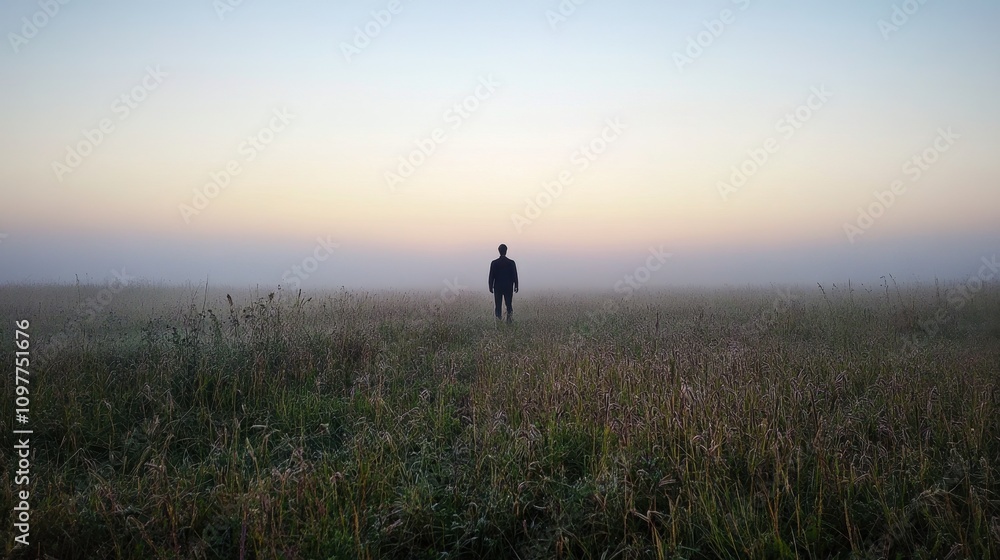 A solitary figure stands in a misty field at dawn, surrounded by tall grass and a serene, colorful sky. A solitary figure stands in a misty field at dawn, surrounded by tall grass and a serene, colorful sky.