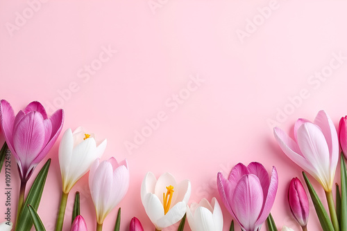 Crocuses, pink and white spring flowers on pastel pink background. Panoramic background banner Mother's Day, Women's Day, Valentine's Day. Copy 