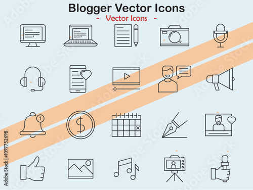 Icons illustrating blogging and social media themes in vector style