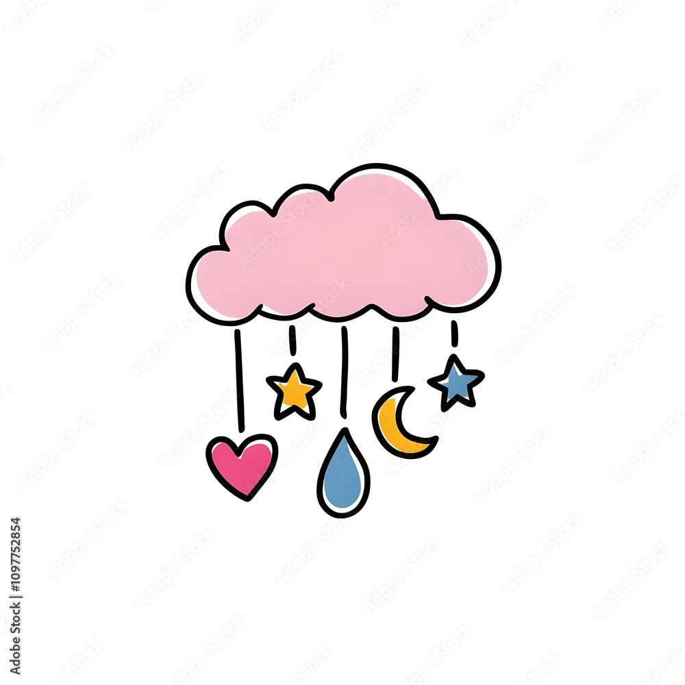 Obraz premium cute cartoon pink cloud with a series of hanging decorations. cloud, pink heart, yellow star, a blue crescent moon, and a blue teardrop-shaped .