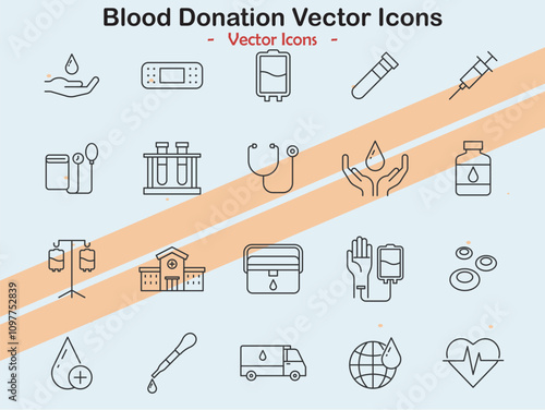Icons depicting blood donation and healthcare themes in vector style