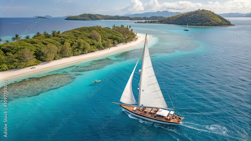 Obraz premium sailing yacht with white sails off the coast of an uninhabited island, white sandy beach surrounded by an island with rocks,