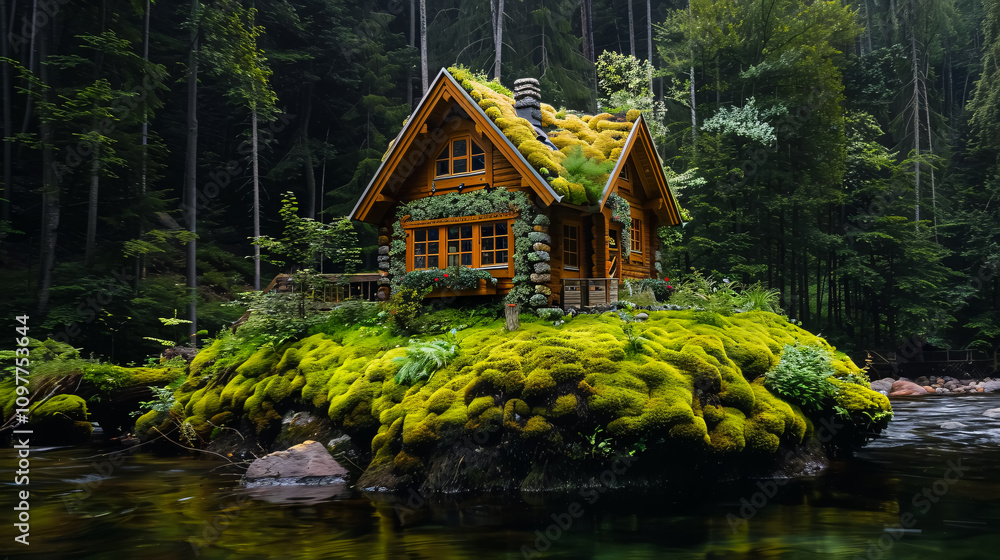 Eco house on moss in a forest. Eco house on moss in a forest.