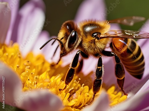 Honeybee Gathering Pollen From Pink Flower