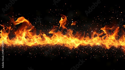 Bright orange flames stretch across the image, surrounded by glowing sparks and embers. This fiery, energetic scene against a dark background is perfect for visuals related to heat, power, and photo