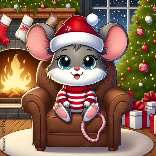 Cozy Christmas Mouse by the Fireplace