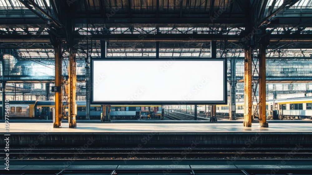 A large train station billboard with a blank, transparent design, framed by industrial metal beams