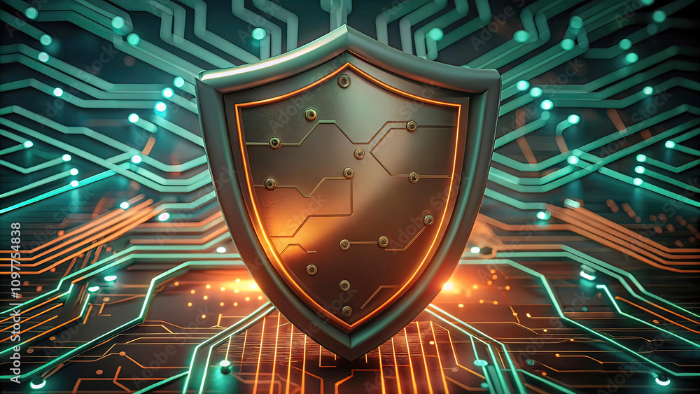 Fototapeta premium Collage with modern design of electronic shield symbolizing the concept of computer protection and security, vector illustration,