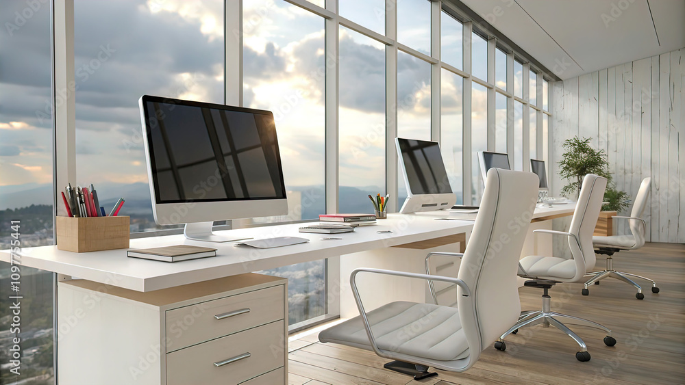 Cozy workspace with modern computers and office tools on a light table, ergonomic office chairs in the office. 3D rendering Cozy workspace with modern computers and office tools on a light table, ergonomic office chairs in the office. 3D rendering